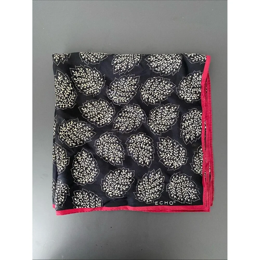 Echo Black Scarf Cream Leaf Print Burgundy Border 20” X 20” Boho Cottage Coastal